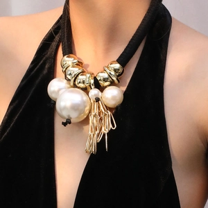 Statement Choker Necklace With Faux Artificial Pearl And Metal Paperclip Chain Tassel Bohemian Exaggerated Jewelry For Women