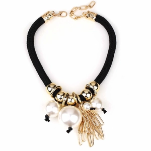 Bohemian woven rope necklace with faux pearls and golden paperclip fringe tassel