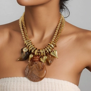 Three-layer gold beaded statement necklace with marbled brown circular pendant charm
