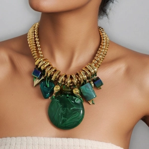Multilayer gold beaded necklace with green marbled pendants for vintage fashion styling