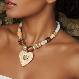 Collier À Perles Pendentif Cœur Avec Bois Pierre Acrylique Et Alliage Style Bohème Rétro Ethnique Bijoux Pour Femmes