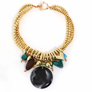 Multilayer bohemian gold bead necklace with black round stone pendant and green charms