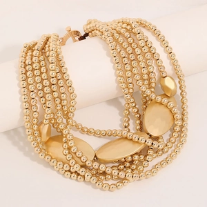 Elegant multi-layer gold beaded necklace with geometric metallic pendants and secure clasp