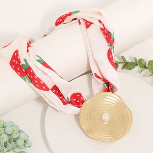 Floral fabric strawberry necklace with golden spiral pendant and faux pearl inlay