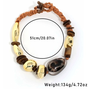 Gold and leopard print chunky beaded necklace with braided rope and resin beads