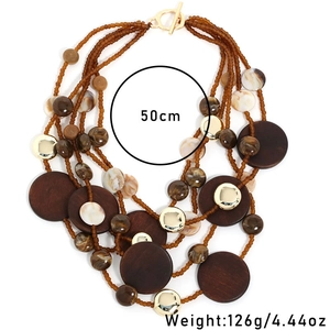 Multilayer bohemian wood bead necklace with earth tone marble discs and gold OT toggle clasp