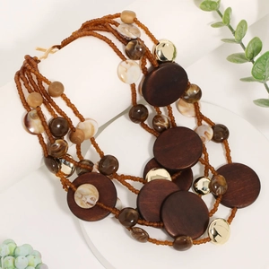 Bohemian multi-layer wooden and glass seed bead necklace with brown round pendants