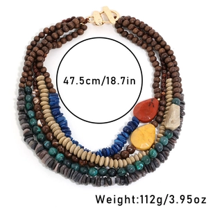 Bohemian multilayer necklace with colorful wood beads and stones, 47.5cm length