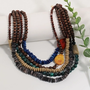 Bohemian multi-layer necklace with colorful wood beads and faux stone pendants