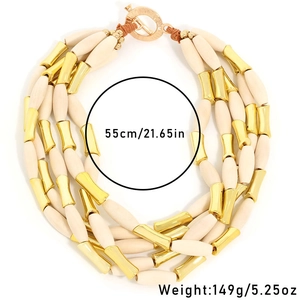 Multi-layer necklace with cream wooden beads, golden tubes, and OT clasp, 55cm length