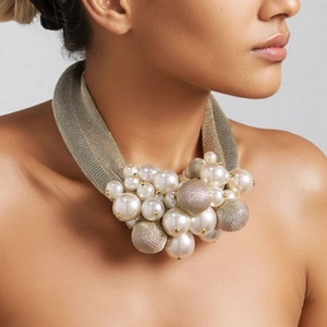 Collier Plastron Élégant En Fausses Künstliche Perles Cordon Tressé En Maille Dorée Rétro Bijoux De Banquet Exagérés Pour Femmes