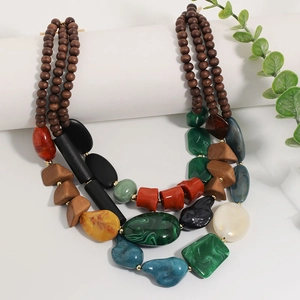 Bohemian multilayer wood bead necklace with colorful acrylic charms and resin stones