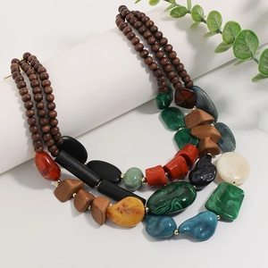 Bohemian multilayer necklace with wooden beads and colorful acrylic resin elements