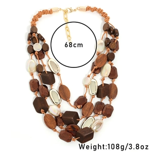 Bohemian multi-layer necklace with wooden beads and golden accents, 68cm long