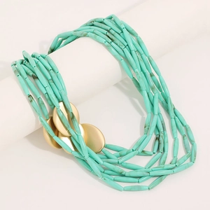 Multi-layer mint green acrylic long tube necklace with matte gold metal accents