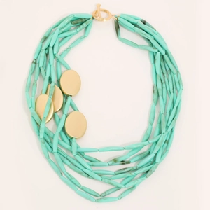 Multi-layered mint green acrylic long tube bead necklace with gold oval disc accents