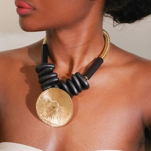 Statement Necklace Wood Beads Plated Alloy Large Sunburst Pendant Bohemian Ethnic Jewelry For Women