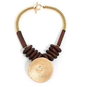 Ethnic style necklace with golden beads, brown wood elements and large leaf pendant