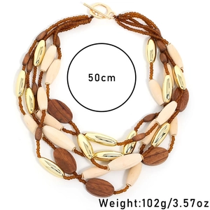 Bohemian multi-layer necklace with wooden and gold beads, toggle clasp, 50cm long