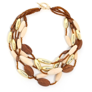 Bohemian multilayer necklace with natural wood beads, gold accents, and a toggle clasp