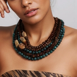 Multi-Layer Beaded Necklace Wood Acrylic Alloy Bohemian Ethnic Style Layered Statement Jewelry For Women