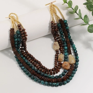 Five-layer bohemian necklace with multi-colored wood beads and marble-patterned acrylic