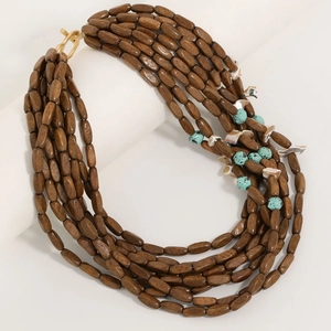 Handmade multilayered dark brown wooden bead necklace with blue accents and shell charms