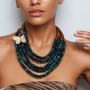 Bohemian Multi-Layer Beaded Necklace With Wood Acrylic Beads And Alloy Butterfly Pendant Vintage Ethnic Style For Women