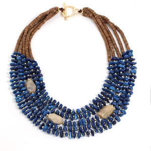 Detail of multi-layer beaded necklace with blue stones, wood beads, and golden OT clasp