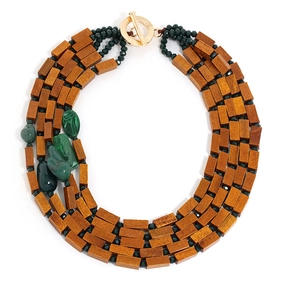 Bohemian multi-layer necklace with brown wood beads and green stone, golden toggle clasp