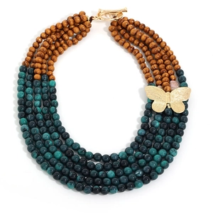 Multilayer beaded necklace with wooden and teal stones featuring a gold butterfly pendant