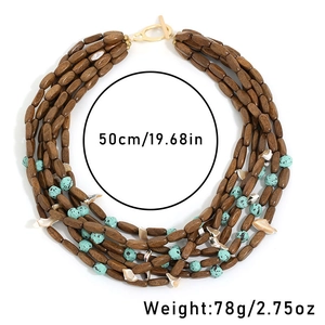 Detail of multi-layer wood and shell beaded necklace with 50cm length and 78g weight
