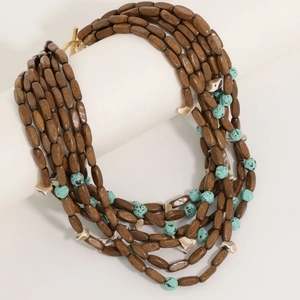 Bohemian multilayer wooden bead necklace with turquoise accents and shell details