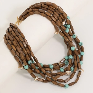 Bohemian multi-layer wooden bead necklace with turquoise accents and shell charms