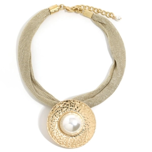 Gold mesh chain necklace with large hammered metal pendant and oversized white pearl center