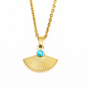 Collier pendentif éventail en or avec incrustation de turquoise et finition 18 carats