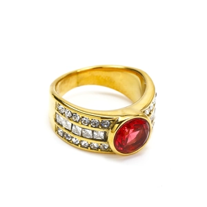 Luxury gold ring with oval red gemstone and triple rows of sparkling white diamonds
