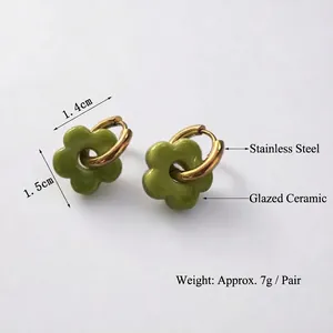 Green glass flower earrings with golden stainless steel hoops for women's elegant style