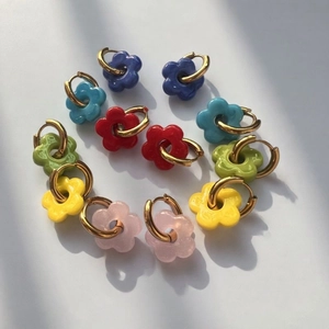 Flower Hoop Earrings Stainless Steel Lampwork Glass Sweet Candy Color Floral Jewelry For Women