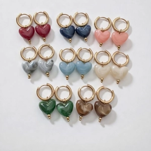 Boucles D Oreilles Créoles Pendentif Coeur Pour Femmes Acier Inoxydable Résine Texture Marbre Bijoux