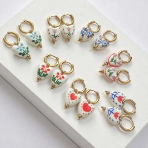 Heart Drop Hoop Earrings Stainless Steel 18K Gold Plated Ceramic Floral Printed Pastoral Style Women Jewelry