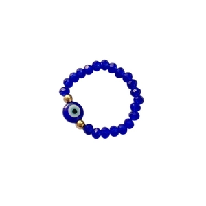 Minimalist blue beaded evil eye ring featuring faceted glass beads and gold spacers
