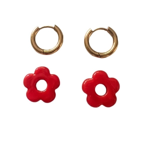 Sweet red candy color flower drop earrings with golden stainless steel hoops