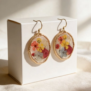 Dettaglio di orecchini ovali in resina con veri fiori secchi colorati e montatura dorata