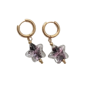 Handmade stainless steel star hoop earrings with purple glass star nebula pendant