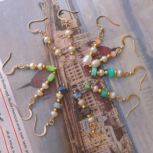 Vintage bohemian earrings with long tassels, colorful stones and white pearls