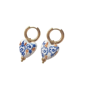 Vintage heart ceramic earrings with blue floral patterns and 18K gold-plated hoops