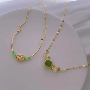 Green Synthetic Stone Square Pendant Necklace Vintage Copper Paperclip Link Chain Elegant Jewelry For Women