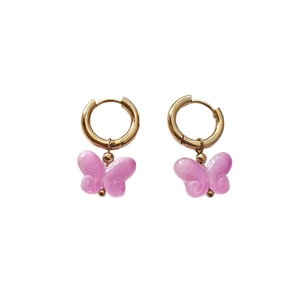 18K gold plated hoop earrings with sweet translucent pink butterfly pendants