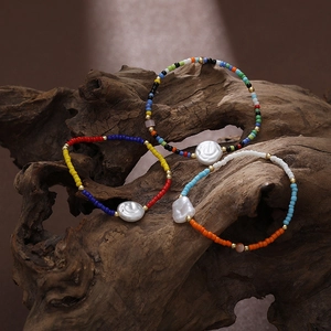 Bohemian Colorful Seed Bead Bracelet With Artificial Baroque Pearl Minimalist Summer Beach Stretch Jewelry For Women Handmade